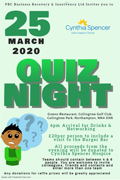 PBC are delighted to confirm that we will be holding another charity quiz night this March in aid of <a href="/CynthiaSHospice/">Cynthia Spencer</a> 

It would be great to see you there. If you are interested in putting a team together please email lisaparker@pbcbusinessrecovery.co.uk 

#charity #fundraising