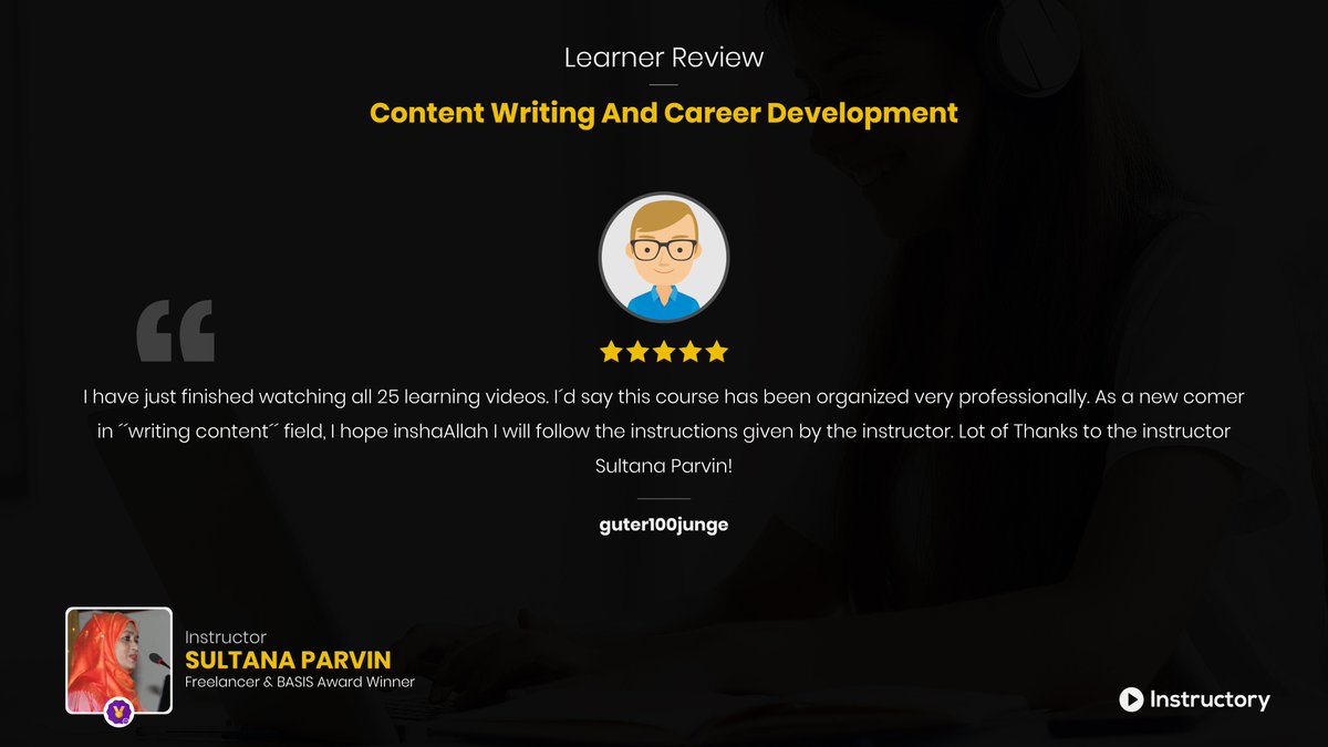 the_instructory's tweet photo. A glimpse of feedback about Sultana Parvin's tutorial "Content Writing &amp; Career Development"

Tutorial Link: https://t.co/MLat5zQsVp
Sign Up: https://t.co/lHauGvw4rb
#Instructory
#TeachAnythingLearnAnytime https://t.co/fKUomnp9Ek