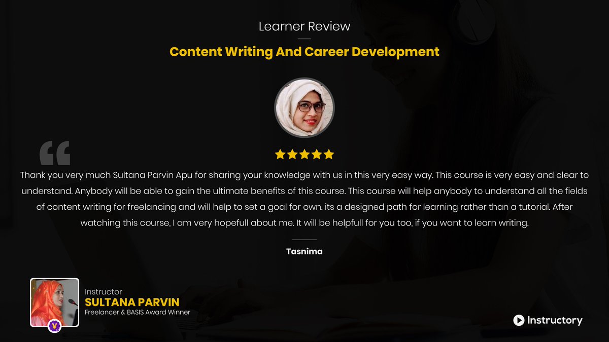 the_instructory's tweet photo. A glimpse of feedback about Sultana Parvin's tutorial "Content Writing &amp; Career Development"

Tutorial Link: https://t.co/MLat5zQsVp
Sign Up: https://t.co/lHauGvw4rb
#Instructory
#TeachAnythingLearnAnytime https://t.co/fKUomnp9Ek