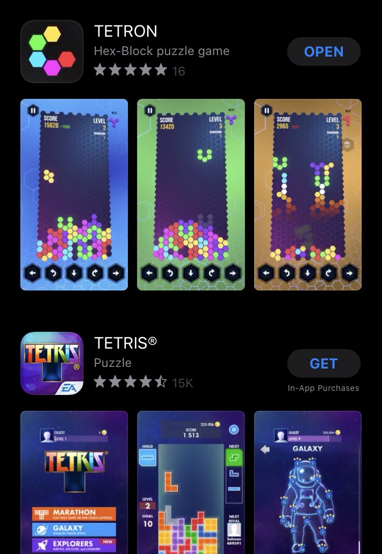A solid first weekend on the App Store sees TETRON with a 5 star rating 🤩 and above TETRIS® in various searches! #new #game #gaming #madewithunity #indiedev #indiegame #gamedev #mobile #ios #appstore #TechNews