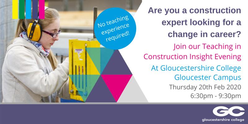 Are you a construction expert looking for a change in career? 

Join our Teaching in Construction Insight Evening at our Gloucester Campus on Thursday 20 February 2020, 6:30pm - 9:30pm: bit.ly/2Mb0xxQ

#teaching #gloucester #construction #Gloucestershire #glosbiz