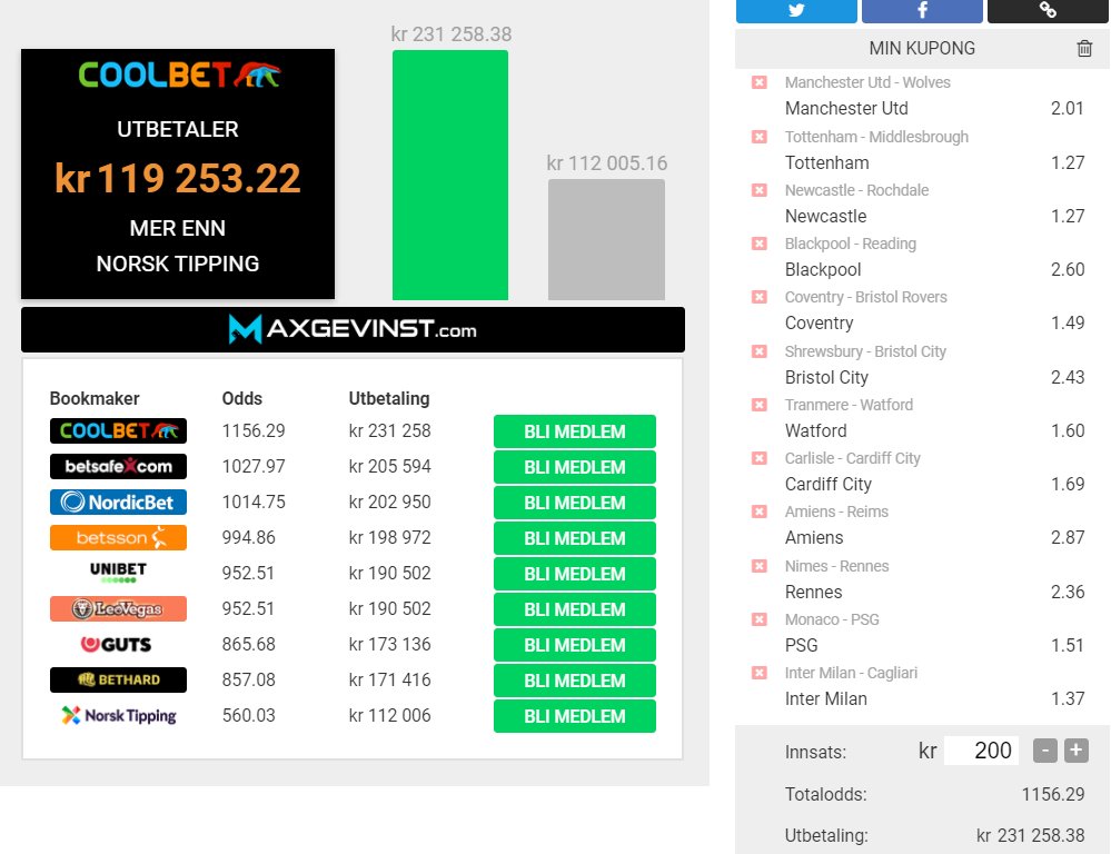 Midtuke-kupongen er tilbake, og det er heller ikke denne uken noen som helst tvil om hvor du får mest igjen for pengene 🧐

Hvilket lag tror du scorer flest mål?

Vi plukker ut noen heldige vinnere med rett svar 🤑

Kjører også bonuspremie til noen som retweeter 🔁

#Sjekkoddsen