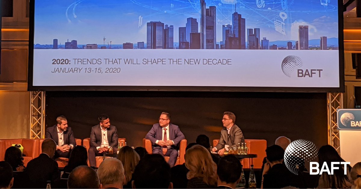 BAFT's tweet photo. Stephen Grainger, @Mastercard; Abid Mumtaz, @Transferwise; Marc Recker, @DBCorporateBank; and Jean-François Mazure, @SocieteGenerale on stage during the #CrossBorderPayments in a New Decade session at #BAFT's 2020 Global Annual Meeting-Europe. #GAM2020 https://t.co/aoIa6x17zc