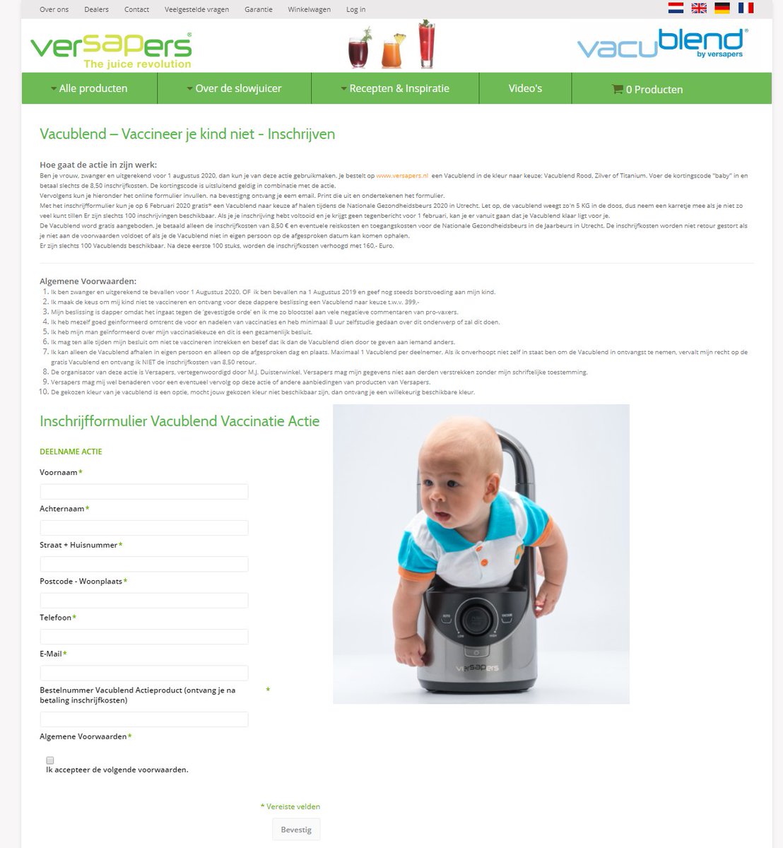 mschenk's tweet photo. Best wel eerlijk dat @versapers (een bedrijf dat blijkbaar blenders weggeeft aan moeders die hun kinderen niet laten vaccineren) deze foto gebruikt op de inschrijvingspagina.
Of zou het een hoax zijn?
#versapers #blendyourbaby
https://t.co/yF0gX1Sfqn https://t.co/y0kwfcVKXD