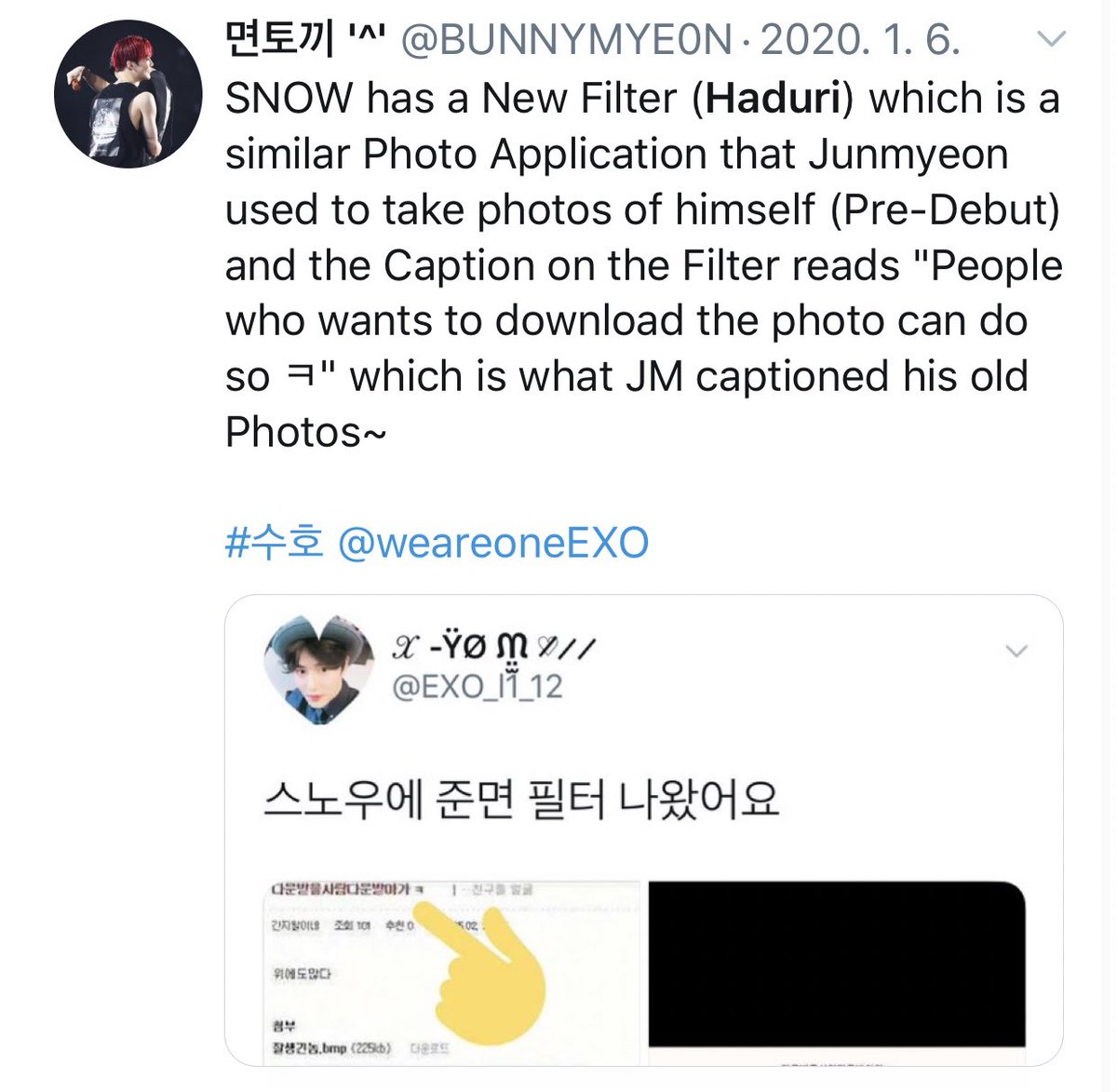 BUNNYMYE0N's tweet photo. "People who wants to download the photo can do so ㅋ" 

LMAO Chanyeol using the Hadure Filter which is on SNOW~ The Application did use Junmyeon's Phrase in the Filter~ 

#EXO @weareoneEXO https://t.co/zkuCRpE5sr