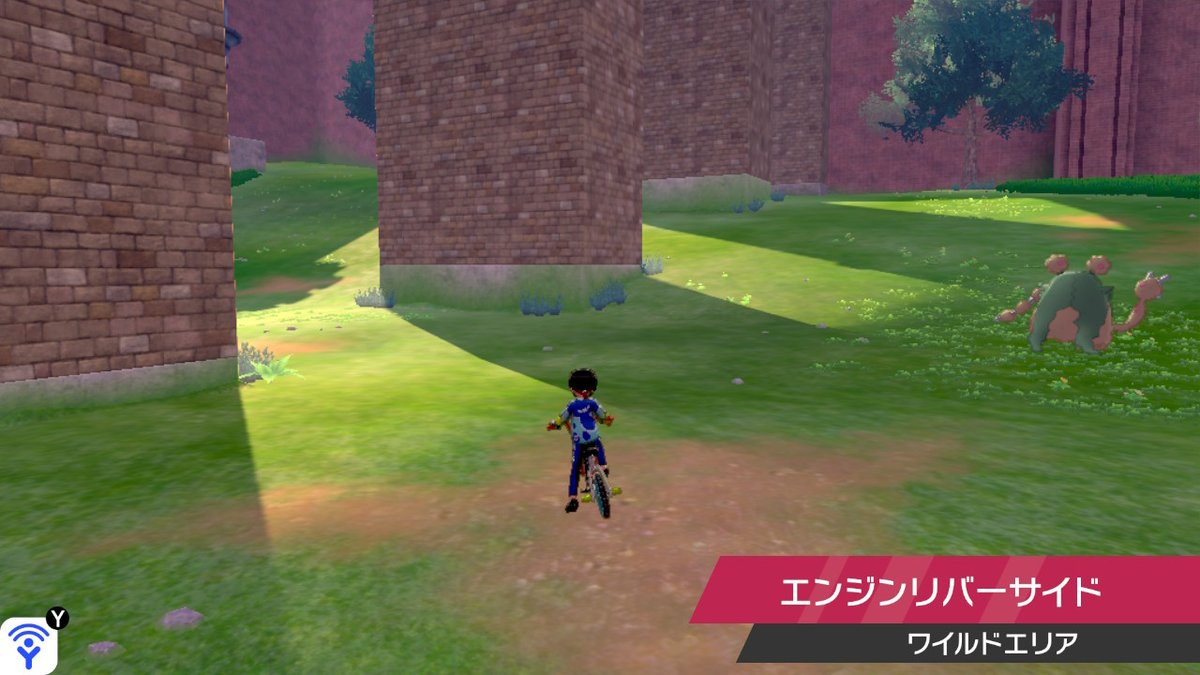 明日宮黎亜 ハシノマ原っぱの南端からエンジンリバーサイドの中央部にかけて エンジンシティはずれの橋の足元すぐ近くの部分はbgmがなくなるのがなんだか不気味です 無音エリアを挟んでワイルドエリアのbgmが替わります 無音なので図鑑を用いた鳴き声