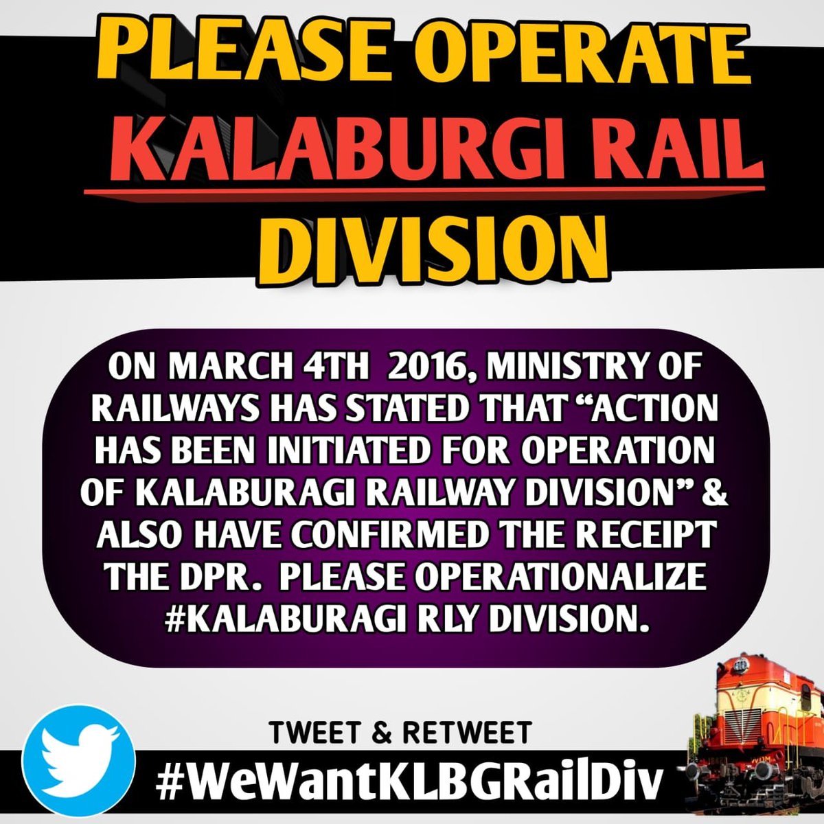 rlyhydka's tweet photo. Friends, pls spare a day &amp; participate in Twitter Campaign demanding to Operate #Kalaburagi/#Gulbarga Railway Division. Date: 18th Jan. Time: 9AM to 10PM. Pls tweet using hastag #WeWantKLBGRailDiv. We need to bring to notice of  @SureshAngadi_ @blsanthosh @PMOIndia @PiyushGoyal https://t.co/Orh1DLKRxS