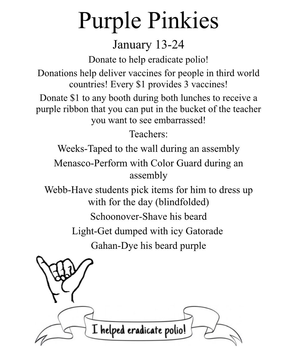 CehsInteract's tweet image. Today we started our #PurplePinkies Fundraiser at Centennial High school! Today we raised over $150! We are very excited to exceed our goal of $500! All of the funds goes towards vaccines to help eradicate Polio!