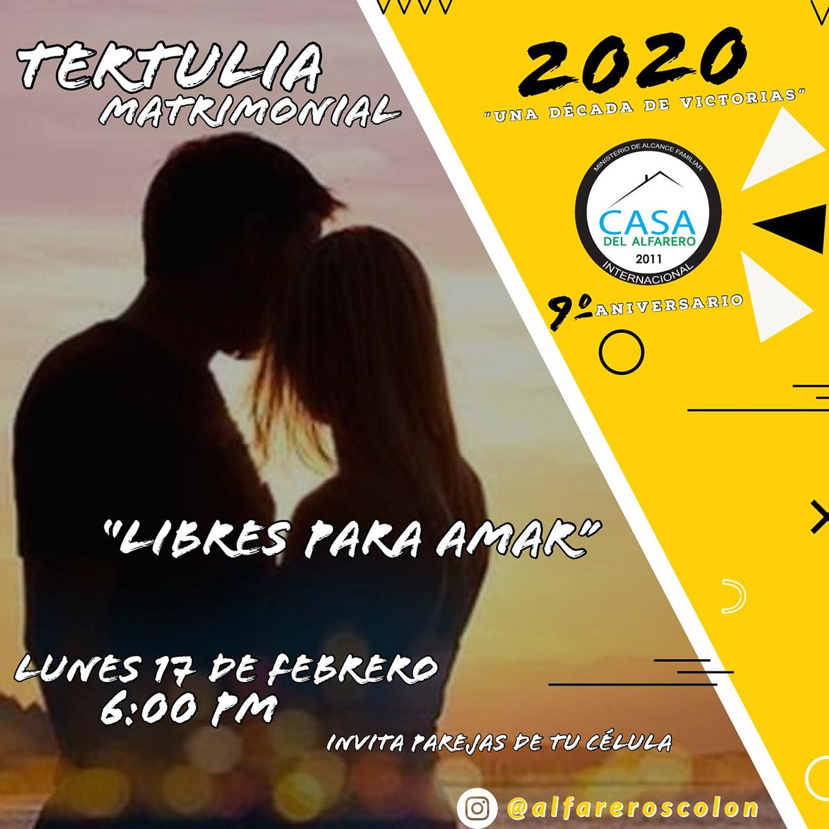 AlfarerosColon's tweet photo. Vuelven nustras #TertuliasMatrimoniales un lunes al mes. En esta oportunidad los expositores serán los pastores José y Sonia Julio.

#CasaDelAlfarero #AlfarerosColón #AlfaCrew #AlfaTime #AlfaTeam #TerritorioAlfa  #Colón #Panama #Adoración #Dios #Tertulia #TertuliaMatrimonial. https://t.co/6NPJJcZNEQ