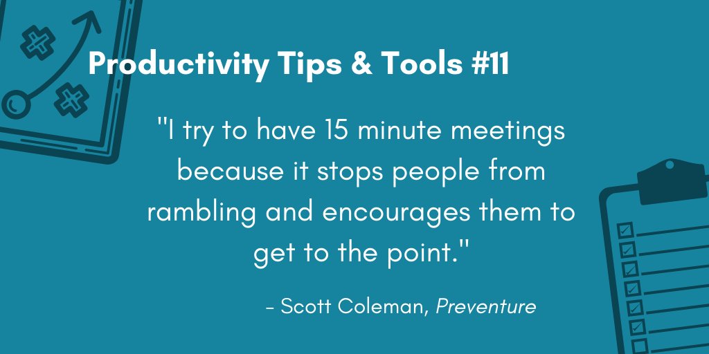 innovationbay's tweet photo. Our final tip of the week comes from Scott Coleman of @preventure_live — "I try to have 15 minute meetings because it stops people from rambling and encourages them to get to the point." What's your top #productivity tip? #IBtips2020 https://t.co/LkZkJl80k5