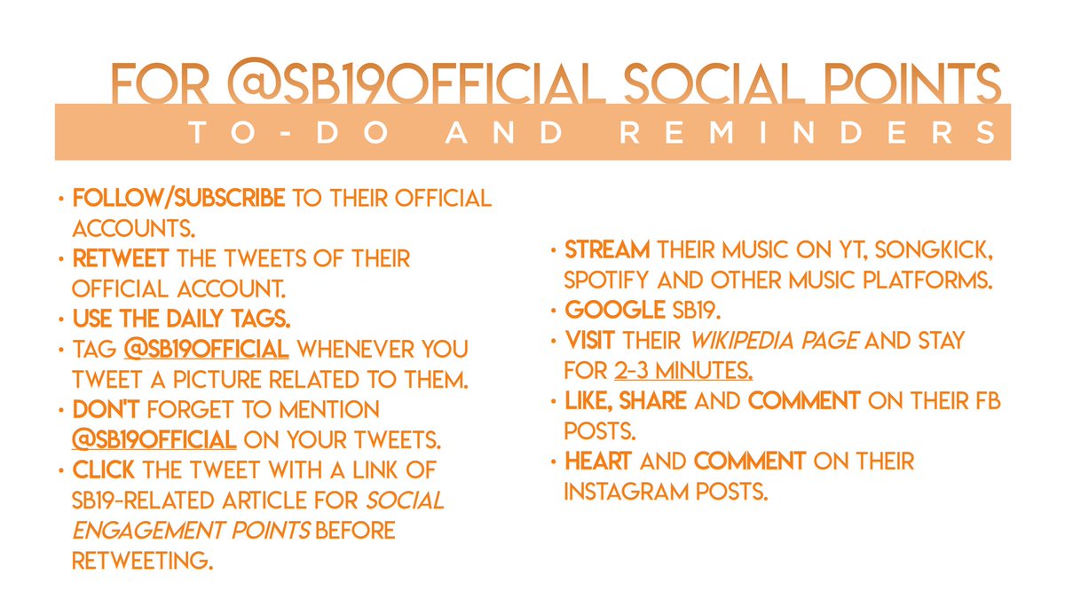 sb19nized's tweet photo. A'TiN do you want to see SB19 on the top 10 list of Billboard Social 50?
Below are the list of the things we must do to help SB19 reach the top of the chart.
#ALABTopSpotONMYX
#PUSHAwardsATIN
@SB19Official https://t.co/PIKdhWeh2i