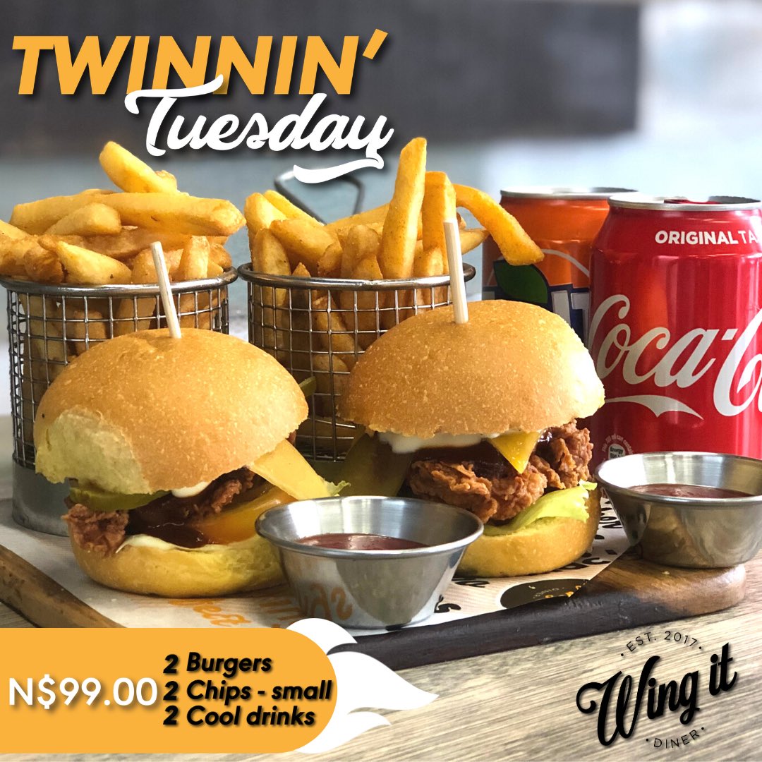 wingitdiner's tweet photo. Itβs Twinnin' Tuesday so go ahead and grab your wingman and enjoy 2 sliders, 2 rustic fries and 2 cokes for only N$99.00 today.
#WingItDiner #TwinninTuesday #NamibianBrand #WhereToEatNamibia #LocalIsLekker #eatwingit https://t.co/4XuqcYSDtW