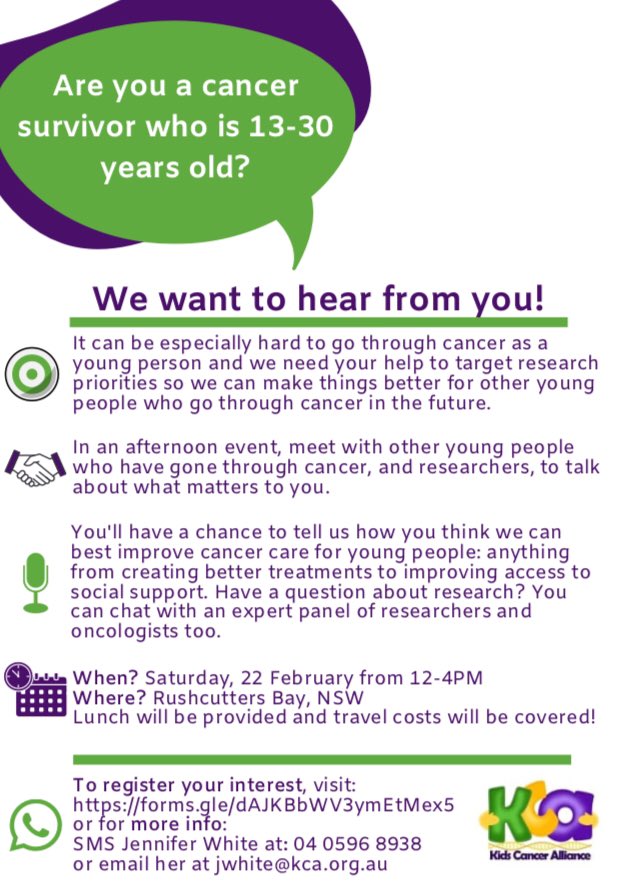 Are you aged 13-30 years &amp; have gone through #cancer sometime in the past 10 years? Or do you know someone who has? 🤔

We are looking for a superstar bunch of #AYA cancer sydsurvivors ✨to join our Feb workshop &amp; help decide what research to do next 🤓 Travel costs paid! #AYACSM
