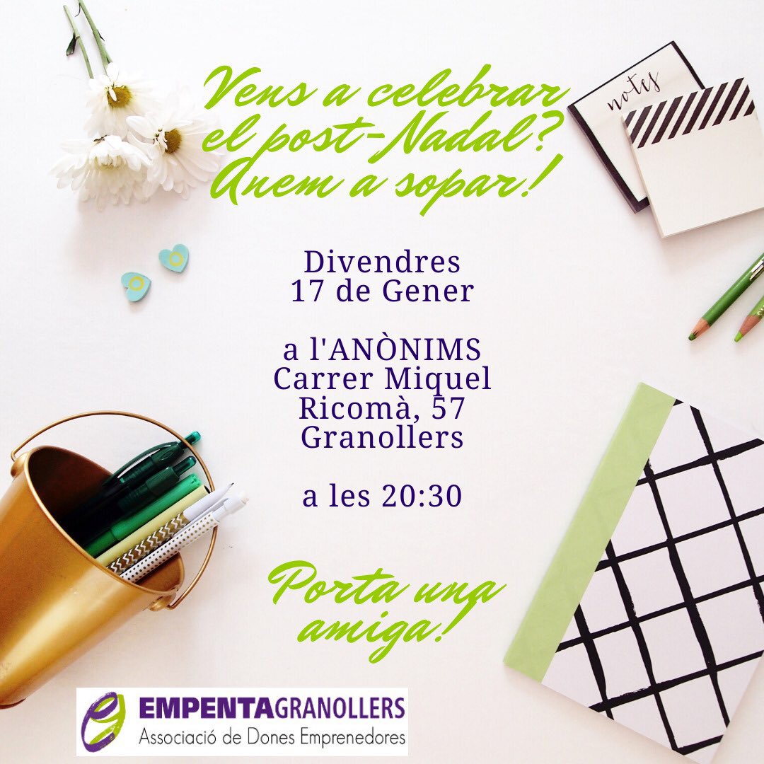 Estas lliure el divendres? Va, fes un esforç i vina amb nosaltres a sopar. Si ets emprenadora novell o ja ets de les veteranes, vina! Porta una amiga i/o alguna cosa representativa del teu negoci. 
Apuntat AQUI: forms.gle/GyzCiZXEgwQXh7….