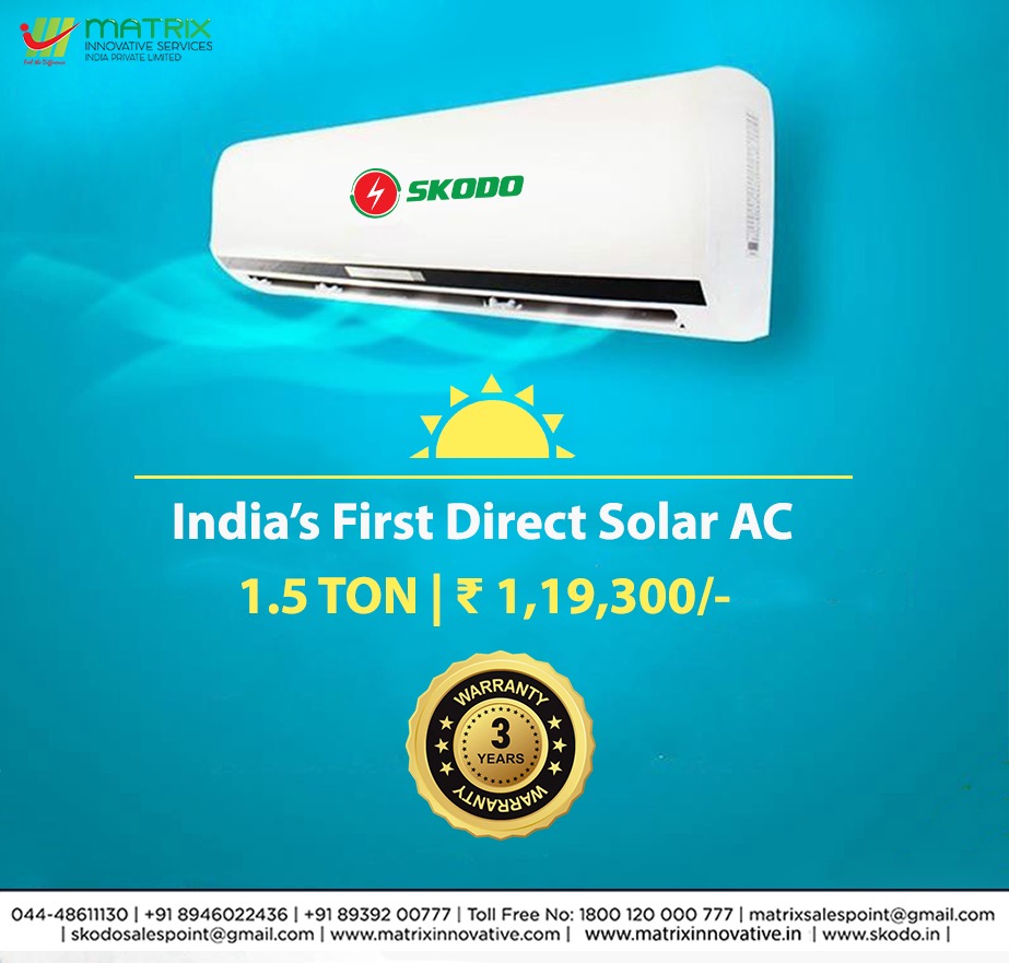 MatrixPrivate's tweet photo. India's First Direct Solar AC 1.5 Ton @ Just Rs 1,19,300/- (Includes Indoor &amp; Outdoor Unit, Solar Panels and Distribution Box)

Contact Us Now for more details !

Matrix Innovative Services India Pvt Lt https://t.co/8KtJDHtKIx