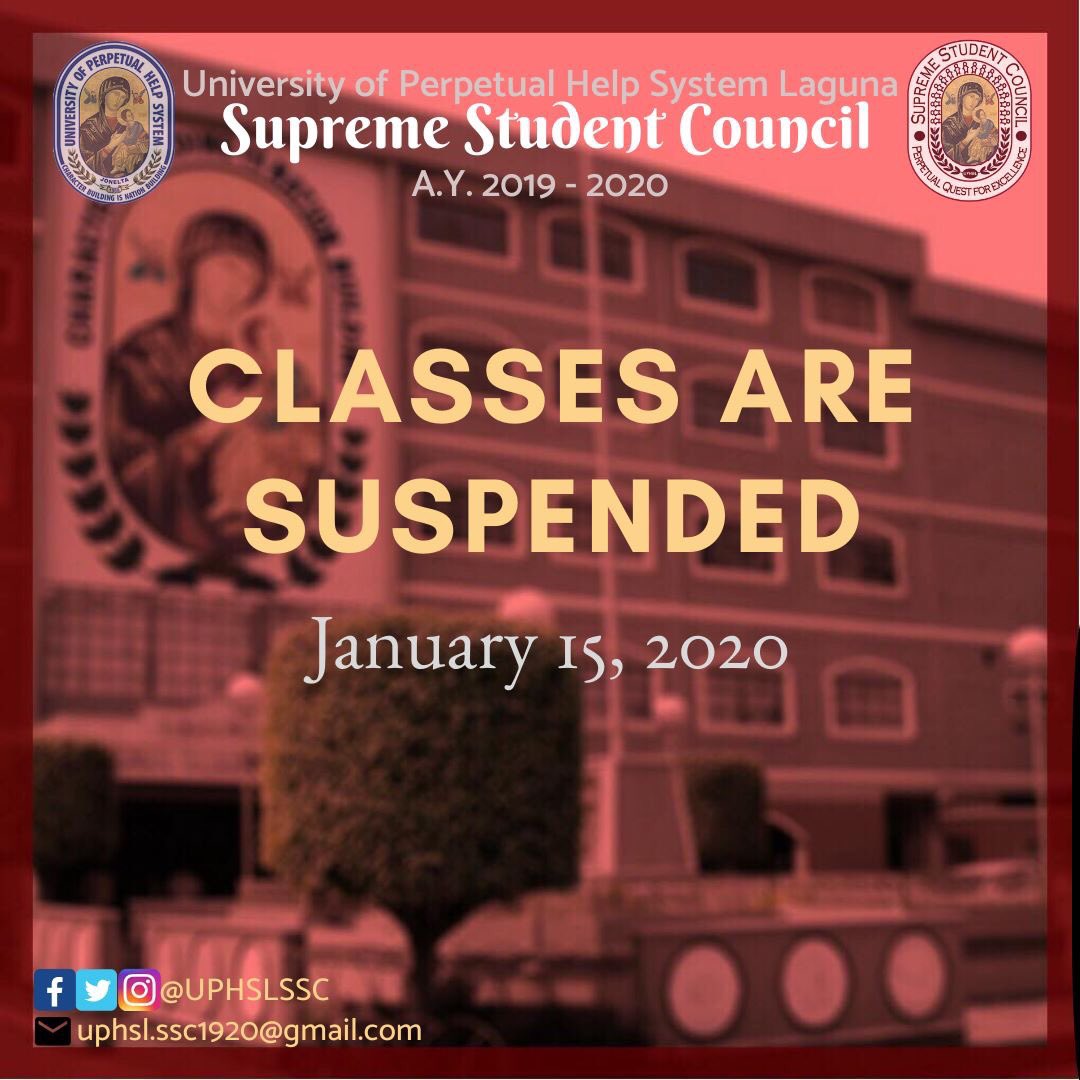 UPHSLSSC's tweet photo. JUST IN: Classes are still suspended tomorrow, January 15, 2020 due to the extreme ashfall from the eruption of Taal Volcano.

Keep Safe, Stay Indoors, and Stay Alert, Perpetualites! https://t.co/j1hvRFPmYx