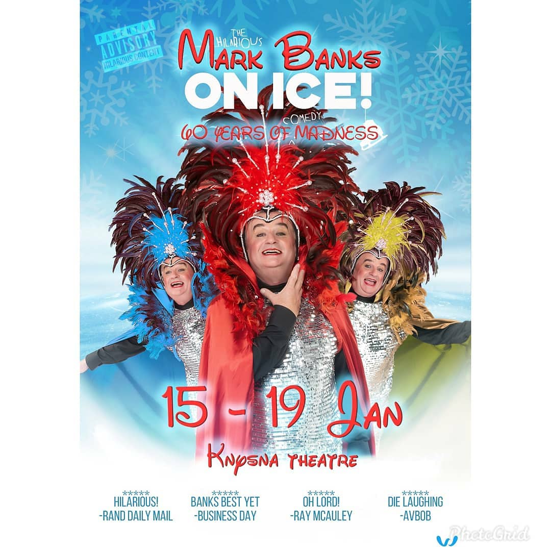 KnysnaTheatre's tweet image. Have you booked yet to see MARK BANKS ON ICE? Only 5 shows, starting tomorrow night!
Random Acts of Comedy are on their way as Mark Banks brings you his new One Man stand-up show.
15-19 Jan, tickets R160 @webticketsSA, Pick 'n Pay, or Knysna Theatre box office.
 #markbanksonice