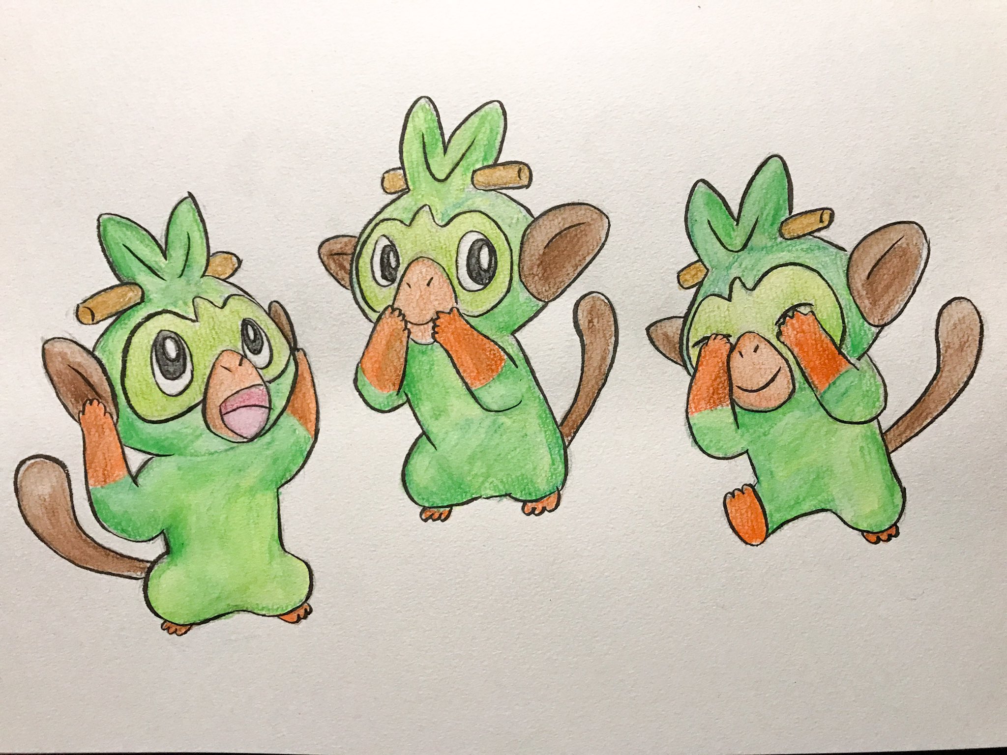Tomoe Mahalo Arts サルノリの 見ざる聞かざる言わざる ヒバニー人気がすごくて どこのポケモン センターでも品切れており サルノリが残っているのが悲しく 思わず描いてしまいました サルノリ サルノリ可愛い Pokemon Illusration