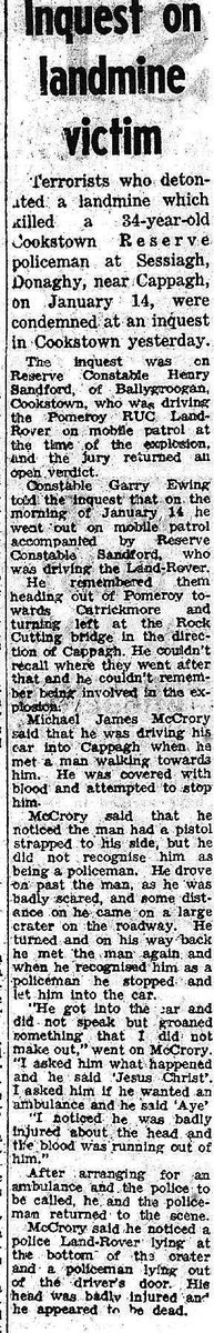 OnThisDayPIRA's tweet image. #OnThisDay in 1973 the IRA murdered Henry Sandford, 34. Married father of 2. RUCR murdered after Land Rover drove over mine, Cappagh. Land Rover left in crater 35 ft wide &amp;amp; 10 ft deep. Constable Sandford worked for the Ministry of Agriculture drainage division. Sons 8 &amp;amp; 10 #OTD