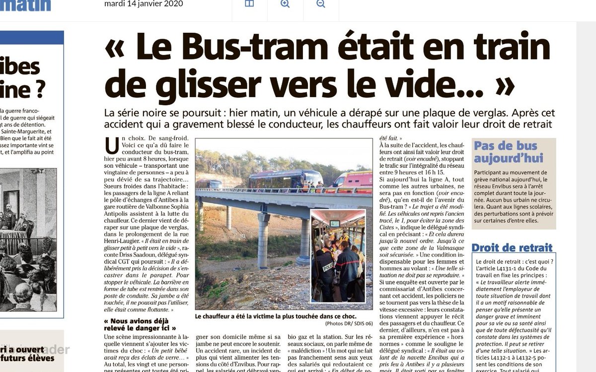 Tanguy_Cornec's tweet photo. #antibesretrouvé salue la maitrise du conducteur et le sang-froid des passagers du nouveau BUS soi-disant à haut niveau de service (sic). Pourquoi ce trajet dangereux a t'il été maintenu par @JeanLeonetti , President de la #CASA malgré les mises en garde du personnel #envibus ?.. https://t.co/P81mSslHwD