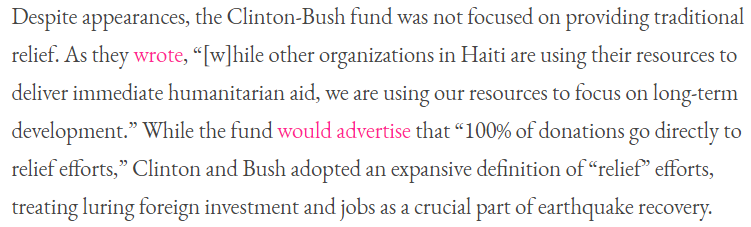 Here comes Bill's big entrance as he was put in charge of the US-led recovery effortsPer request of Obama, the Clinton-Bush (George W.) Haiti fund was born. They began aggressively fundraising worldwide. Here is an overview of the fund's goals: