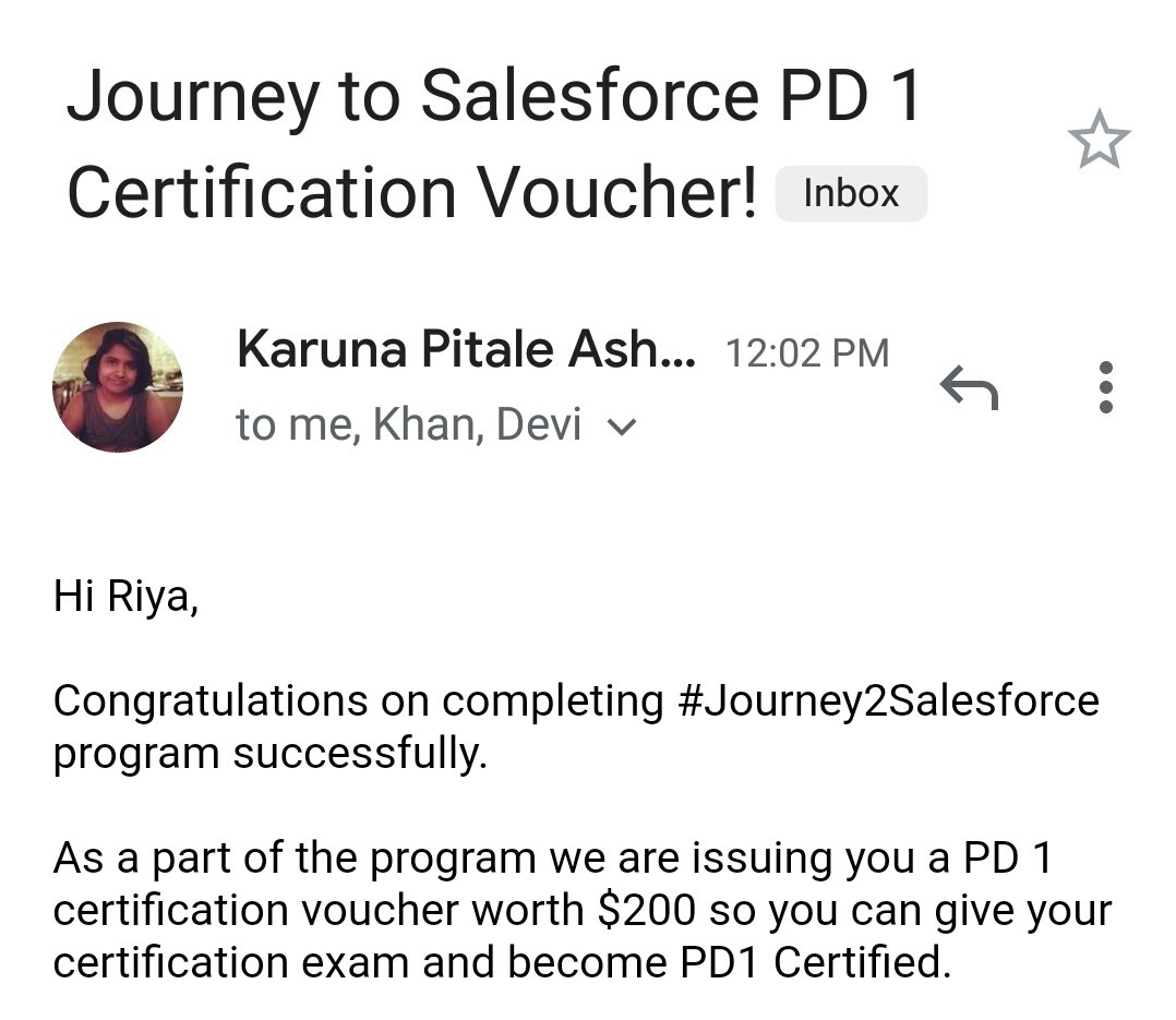 riyasingh2399's tweet image. Wohhoo✨ I got 200$ certification voucher for PD1 on  completing #Journey2Salesforce program 
Thank you @SalesforceDevs  @karunasforce @Bhanz19 @amandabauman @kavindrapatel @mittuvikas @SfdcKiran
@gauravkheterpal @shivanathd @Vinayforce @Somyakrishna12 @SwatiTaunk @SalesforceAmy