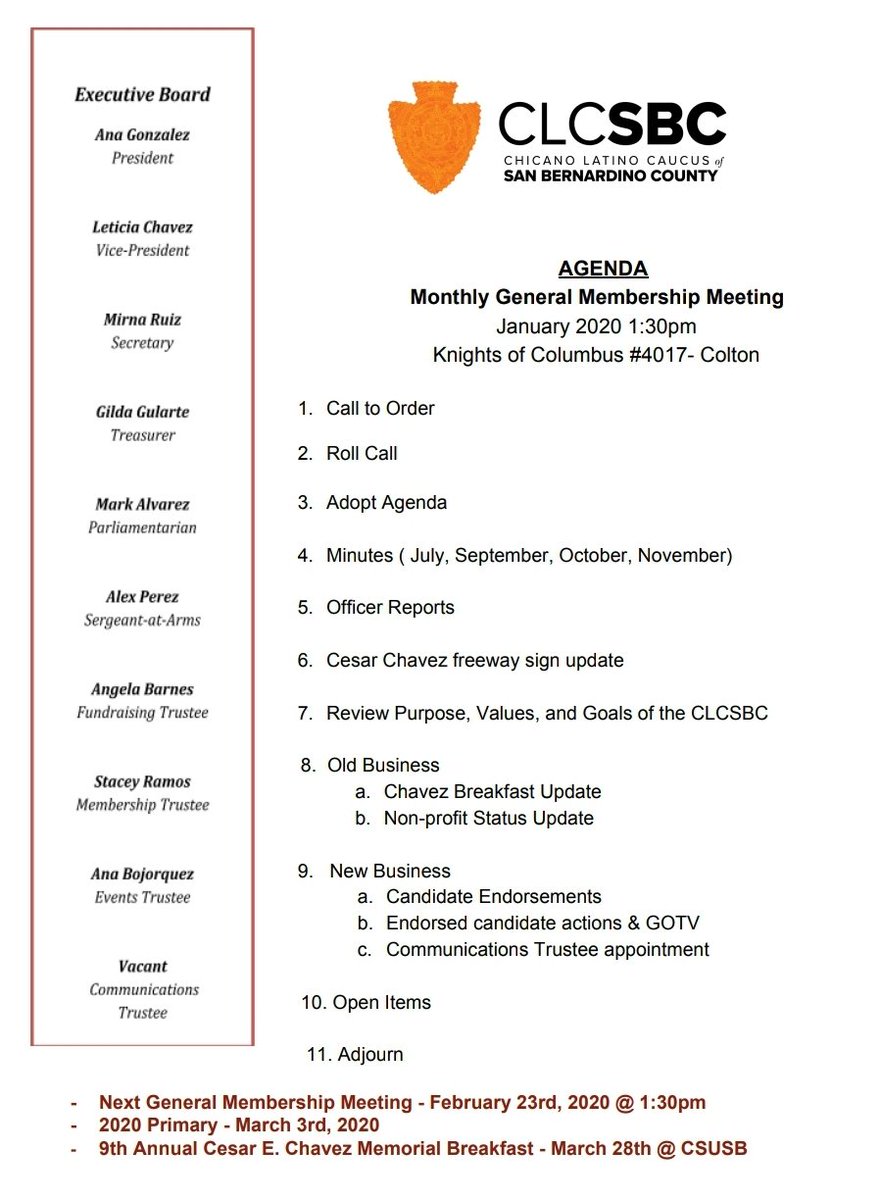 CLCofSBC's tweet photo. Join us for our January 2020 General Membership meeting!
We will be endorsing candidates for the March 3 Primary.  Candidates seeking endorsement must be paid members and had filled out a questionnaire to be considered for endorsement.

https://t.co/HwLjKirrzj

#clcsbc #vote2020 https://t.co/Jwc5prFB6B
