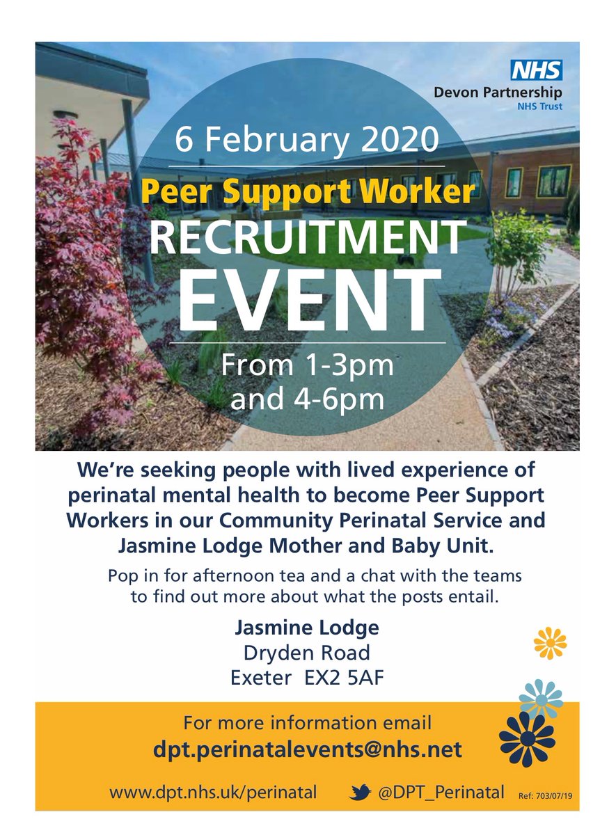 Please share our @DPT_NHS #PeerSupportWorker recruitment drop in poster - anyone interested in finding out more is welcome to come along & chat through the posts. Opportunity to meet two of our amazing #PSW who have already worked at Jasmine Lodge Mother & Baby Unit as well.