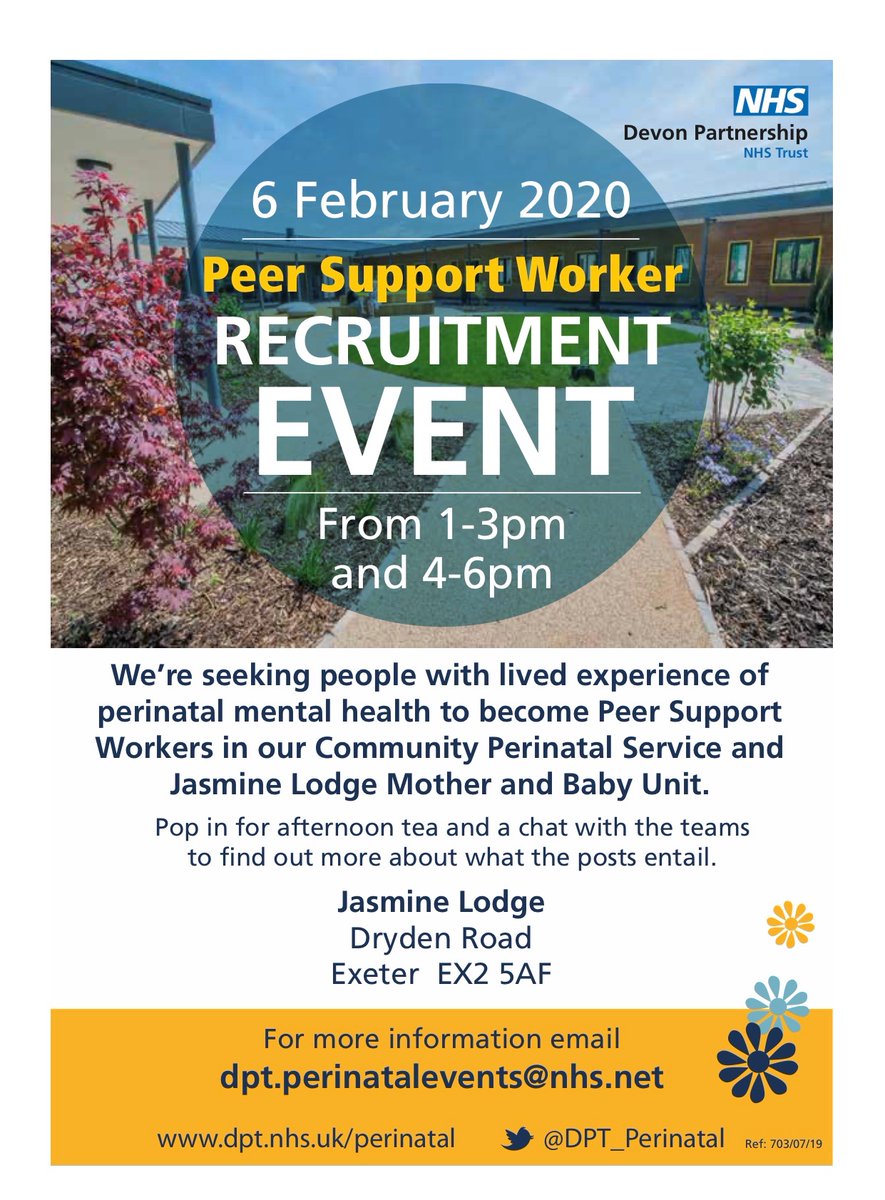 Please share our <a href="/DPT_NHS/">Devon Partnership NHS Trust</a> #PeerSupportWorker recruitment drop in poster - anyone interested in finding out more is welcome to come along &amp; chat through the posts. Opportunity to meet two of our amazing #PSW who have already worked at Jasmine Lodge Mother &amp; Baby Unit as well.