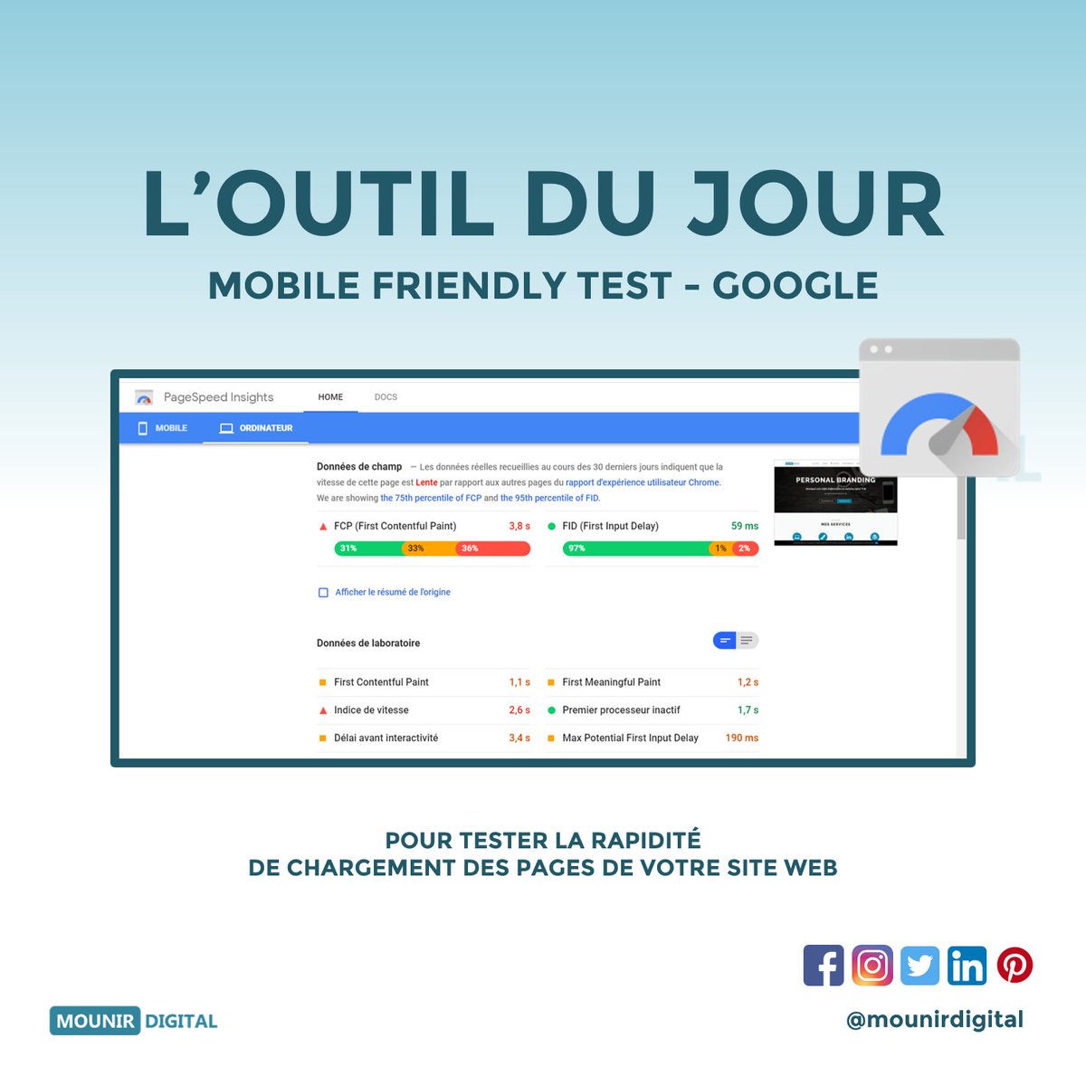 🛠 MARDI OUTIL DU JOUR - Google Page Speed 📱

Cet outil gratuit de Google vous permettra d'analyser le temps de chargement de vos pages web.  3 avantages : 

✅ Facilité d'utilisation
✅ Gratuité
✅ Conseils d'améliorations

#contentmarketing #digitalmarketing #mounirdigital