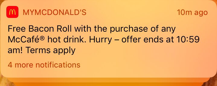 This is the kind of notification I like to wake up to! See you soon 
<a href="/McDonaldsUK/">McDonald's UK</a> 

#MyMcDonalds #app