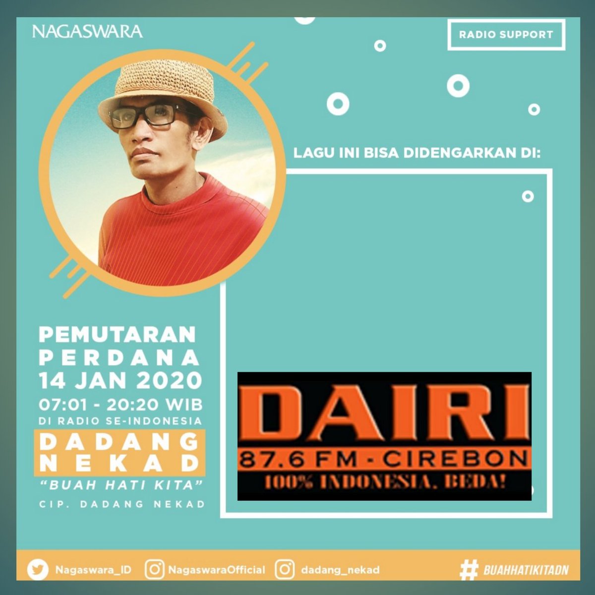 DairiFM_Cirebon's tweet photo. Pemutaran Lagu Perdana &amp; Serentak

@DadangNekad - Buah Hati Kita
@NAGASWARA_ID #BuahHatiKitaDN

Ann : @may_muslim35 (Umay)
#caferequest
Fb : radiodairi Cirebon
Tw : dairifm_cirebon
Ig : radiodairicirebon
Wa / SMS : 081 12 0 12 876 https://t.co/BXdl7tKBaP