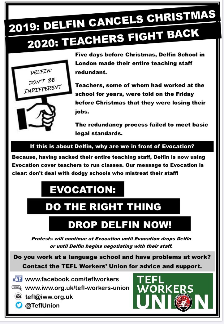 The redundancy fight at <a href="/Delfinschool/">Delfin EnglishSchool</a> continues! 
Yesterday: BSC. 
Today: @EvocationEFL, which is providing cover for Delfin. 
Protest in Brixton this evening! 
Delfin: start negotiating now! #SupportDelfinTeachers #DropDelfin #TEFLWorkersUnion #IWW #Union