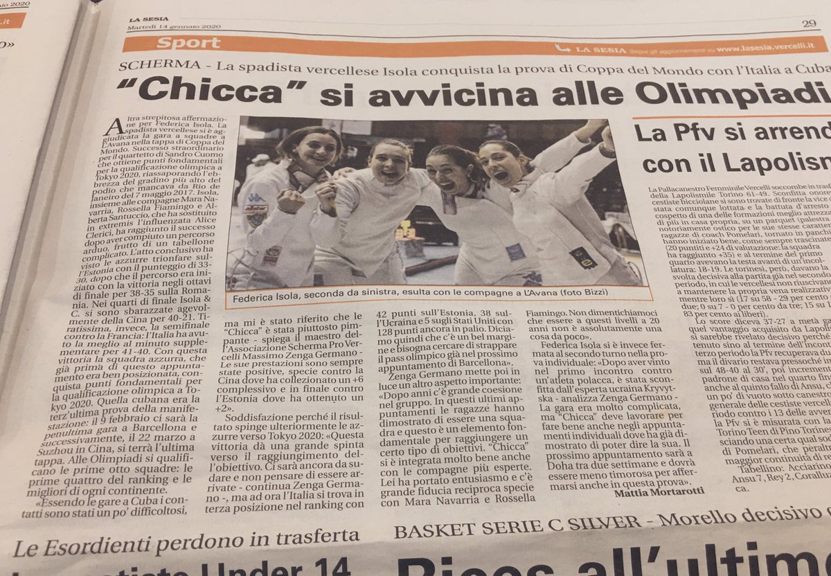 ProScherma's tweet photo. 📰 - Scrivono della nostra #ChiccaIsola 🗞
Grazie 😊 @GiornaleLaSesia @StampaVercelli @Gazzetta_it @IlGiornoQsSport @qn_carlino @iltirreno 

#rassegnastampa #scherma #spada #ProVercelli #ForzaPRO  #gentedirisaia #peoplefromrisaia #Vercelli #coppadelmondo #RoadtoTokyo2020 https://t.co/dzPdr4pkM4
