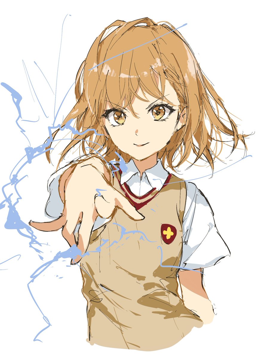 misaka mikoto 1girl electrokinesis tokiwadai school uniform solo electricity sweater vest brown hair  illustration images