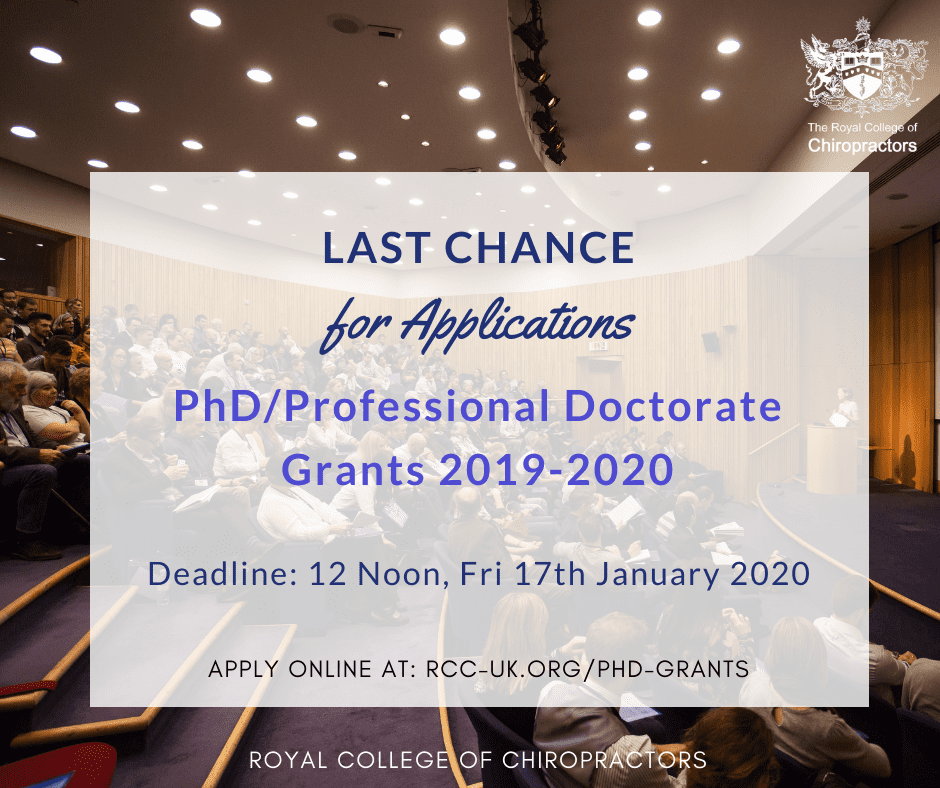 royalcolchiro's tweet photo. Last chance to get your 2019/20 #PhD Grant Applications in! The deadline is this Friday at midday. Visit: https://t.co/uQGbgjWX3z to apply #phdgrant #chiropractic https://t.co/QNgRHRC2qP