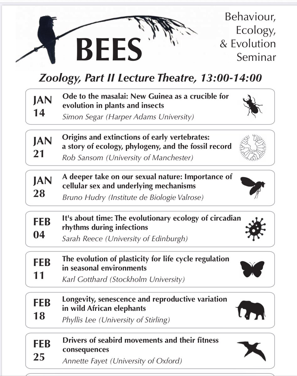 BEES seminar list for the term, starting at 1pm today in the Zoology Department Part II lecture.