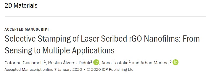 merkoci_group's tweet photo. Just accepted! This nice team formed by Caterina Giacomelli, Ruslán Alvarez & Anna Testolin just published an interesting article in 2DMaterials about laser scribed rGO nanofilms and its many applications. Congratulations!!
#nanotechnology #graphene
#biosensing #laser #nanofilms https://t.co/4Y6AFanStL