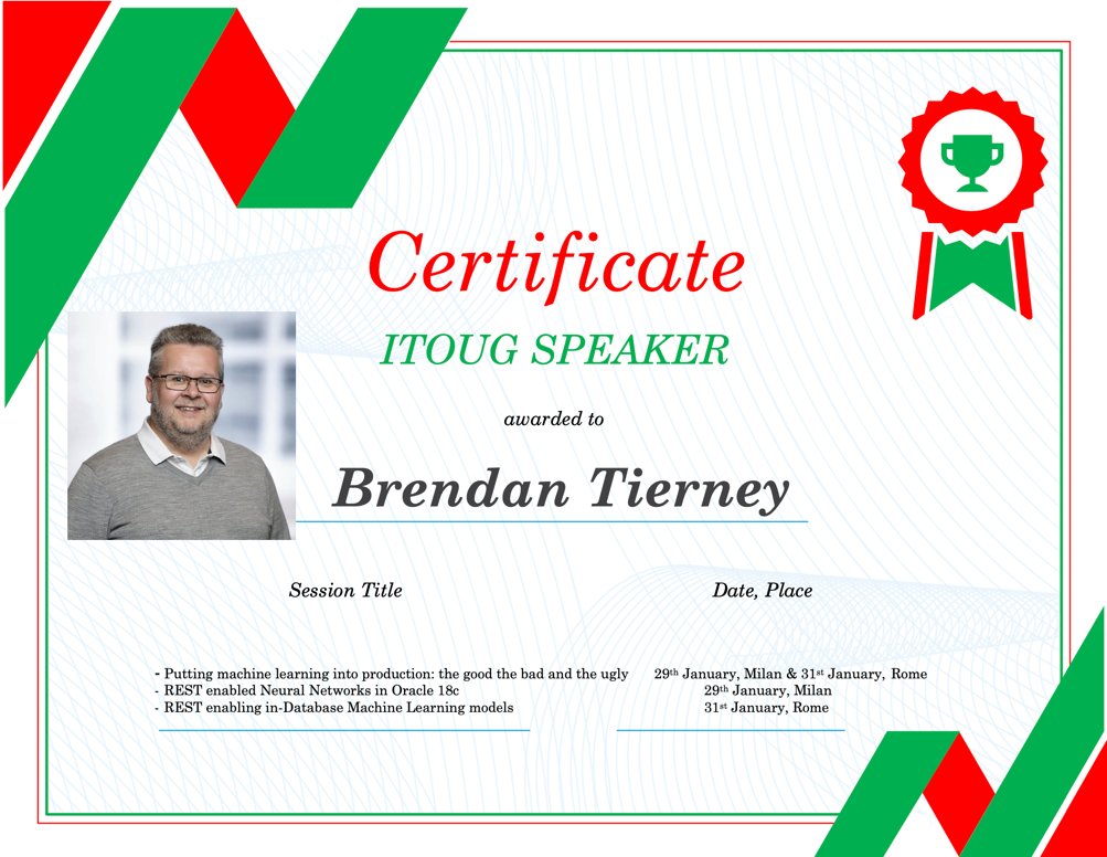 IT_OUG's tweet image. Welcome back @brendantierney! Second time ITOUG Tech Days speaker! Expert in #MachineLearning, @oracleace Director and writer of several articles in @oracle related magazines! @ITOUGTD20 #analytics #oracleMachineLearning
