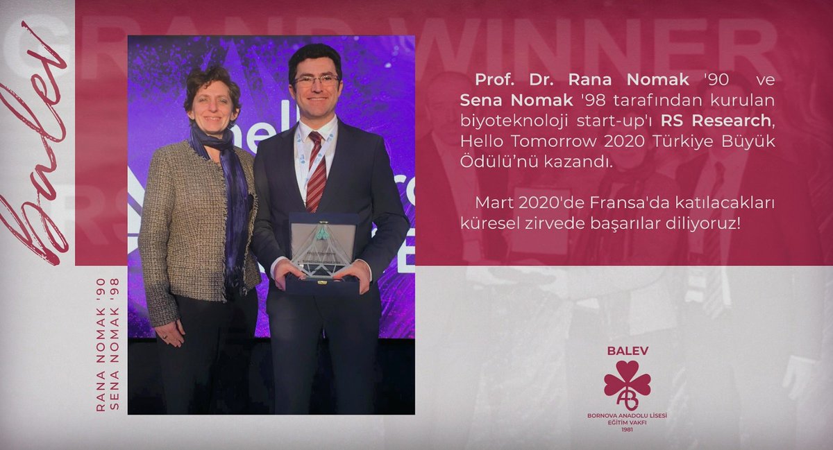 BALEV1981's tweet image. Prof. Dr. @rananomak'90  ve @senanomak'98 tarafından kurulan biyoteknoloji start-up'ı @RS_Research_TR  #HTTurkeyChallenge 2020’nin Büyük Ödülü’nü kazandı. Mart 2020'de Fransa'da katılacakları küresel zirvede başarılar diliyoruz!#bal #balev #balmed #balspor #bornovaanadolulisesi