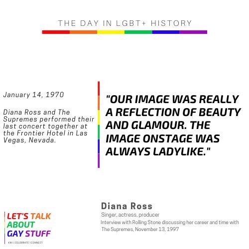 This day in #LGBT+ #history, Diana Ross and The Supremes, performed their final concert together in 1970.

#podcast #letstalkaboutgaystuff #thesupremes #dianaross #dianarossandthesupremes #marywilson #cindybirdsong #florenceballard #stopinthenameoflove #divas #motown #icon #jan14