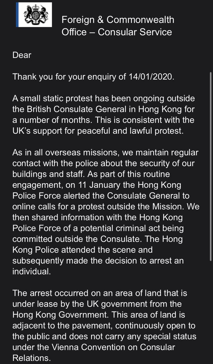 ezracheungtoto's tweet image. #BREAKING: UK Foreign Office has confirmed that its Consulate General in Hong Kong invited the police to make arrests and disperse the crowd having mustered outside the consulate on Jan 11. One 15-year-old girl was arrested then for criminal damage. #HongKongProtests #antiELAB