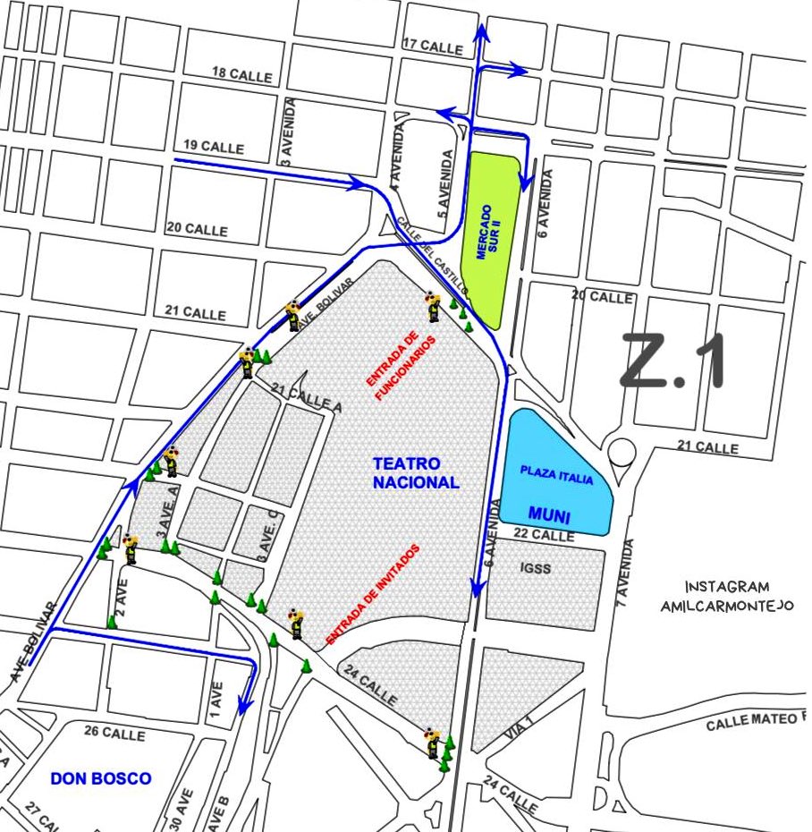Inicia operativo de cierre vial por la seguridad presidencial en Teatro Nacional.

Usuarios que bajan por avenida Bolívar deberán seguir para 5 avenida, no podrán circular en carril auxiliar a Centro Cívico.

Conductores de 6 avenida no podrán subir a 24 calle o Calle de Piedra.