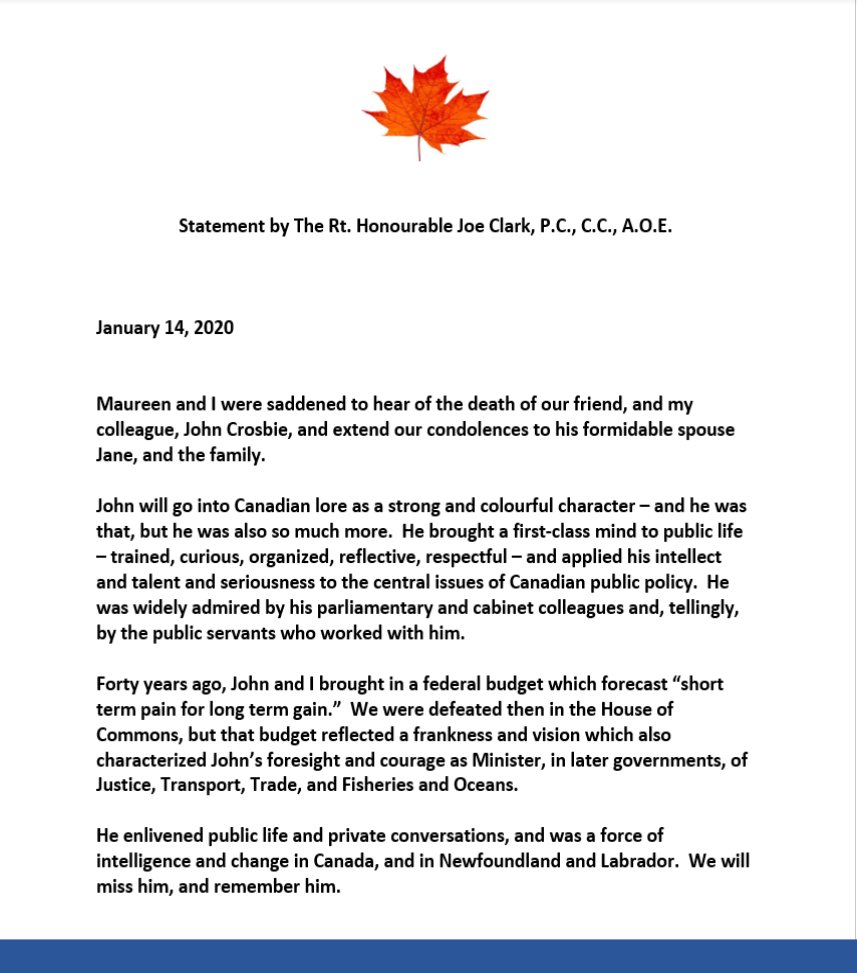 Rt. Hon. Joe Clark (@rthonjoeclark) on Twitter photo My full statement on the death of The Honourable John Crosbie. My full statement on the death of The Honourable John Crosbie.