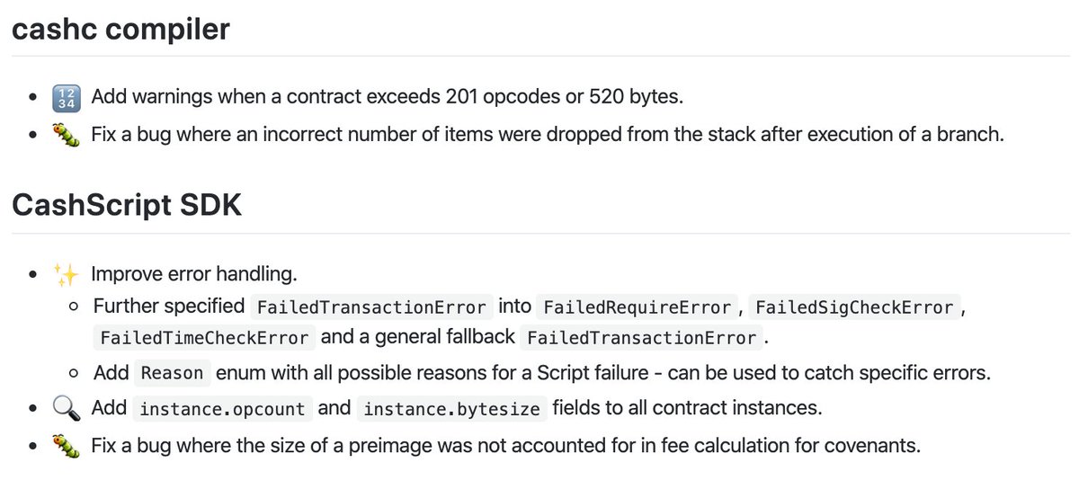 RoscoKalis's tweet image. #CashScript 0.3.1 has been released! What's new?
- ✨ Improved error handling
- 🔍 Insight into contract opcount and bytesize
- ⚠️ Warnings when exceeding limits
- 🐛 Bug fixes
github.com/Bitcoin-com/ca…