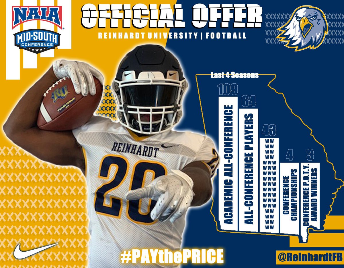 Jacobisims2's tweet photo. After some great visits and conversations, I am Blessed to receive an Official Offer from Reinhardt University.  Thanks Coach. @CoachOCEagles @ReinhardtFB @Coach_JMiller @therrellfball @coachgsullivan @RecruitGeorgia @BigFaceSportss @gobigrecruiting @therrellathlet1 https://t.co/xMoeGeoYag