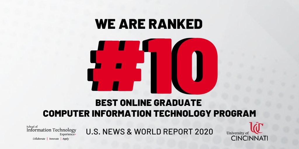UC_SOIT's tweet image. We’re proud to announce that we’re ranked No. 10 in the nation on @USNewsEducation #BestOnlinePrograms Master&apos;s in Information Technology @uofcincy! #weareIT
