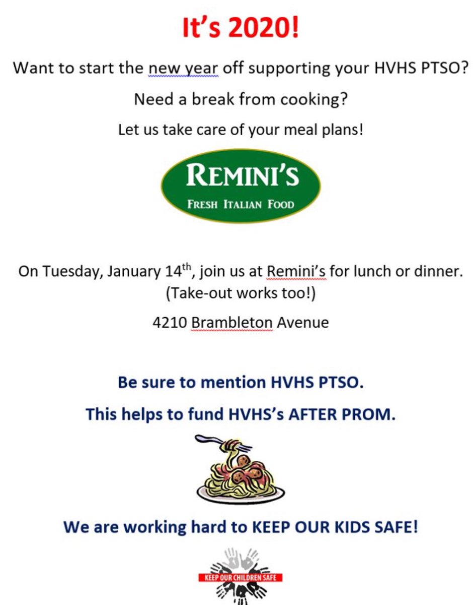 HPtso's tweet photo. Today’s the day!  (Hey, I’m not too proud to beg - we need the money!)

Eat lunch...eat dinner...eat there...or take it home!  Whatever you do, eat at Remini’s and mention the PTSO! https://t.co/u5Si5Cdwqp