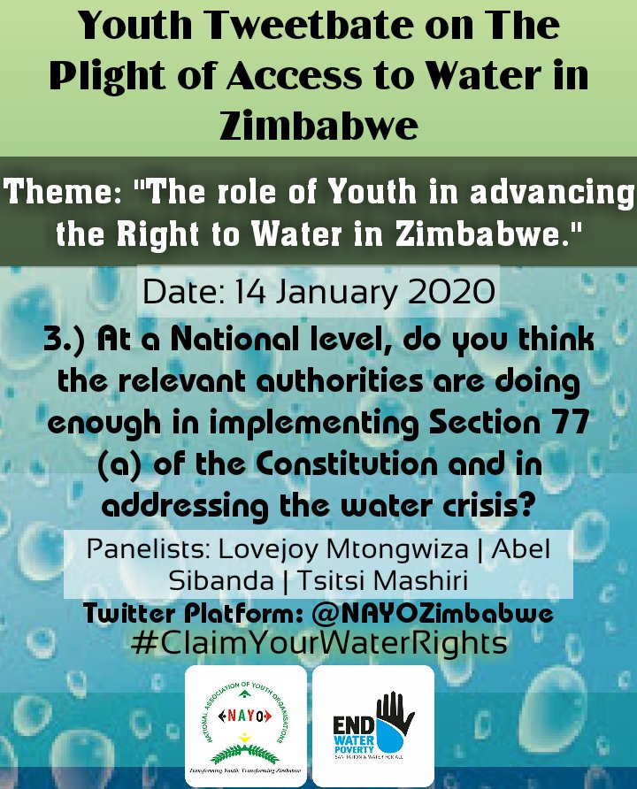 NAYOZimbabwe's tweet photo. This is our 3rd Qstn to our Panelists, Ms. Tsitsi Mashiri @TsitsiMashiri, Abel Sibanda @Abbey263 and Lovejoy Mtongwiza @LJaymut10 #ClaimYourWaterRights @EndWaterPoverty
@khisro @diana_harawa @CODETMUTARE @VisionAfricaZim @thandogwinji @chigundu @TsitsiMashiri @plusknowledge https://t.co/u86SEUiWMp