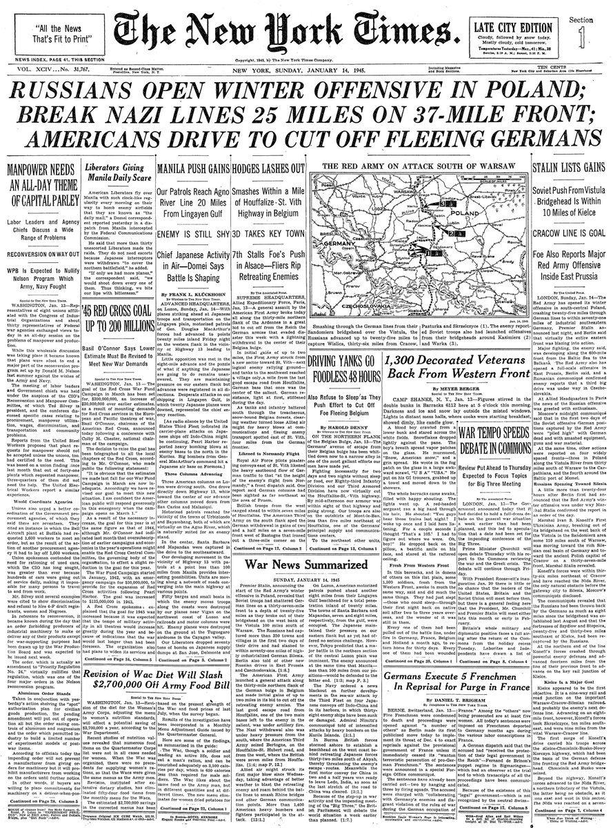 Jan. 14, 1945: Russians Open Winter Offensive in Poland; Break Nazi Lines 25 Miles on 37-Mile Front; Americans Drive to Cut Off Fleeing Germans  https://nyti.ms/384WpbB 